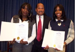 Mattapan heroes honored: Councillor Charles Yancey, center, with Shaniqua Johnson and Saquawna Anderson